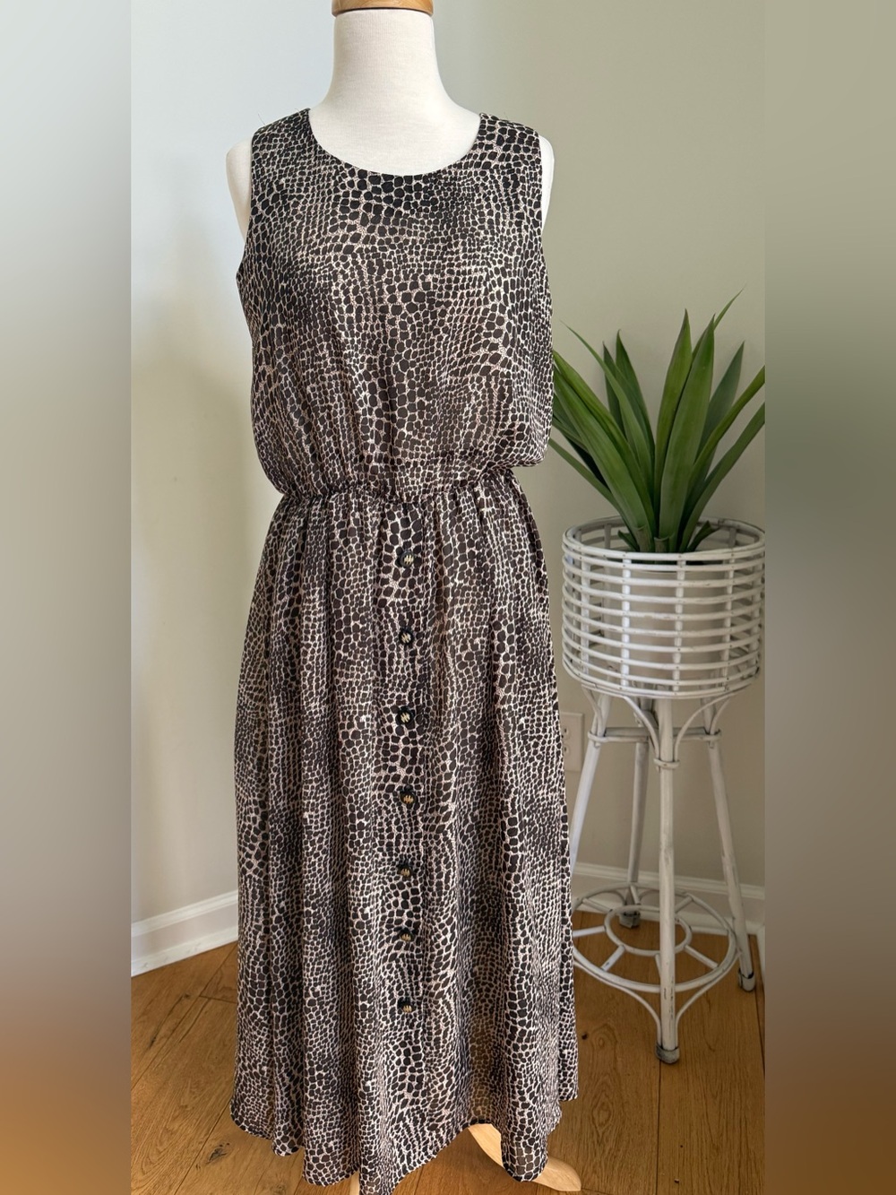 Vintage SGS Studio Animal Print Midi Dress 8P Brown Cream Made in USA